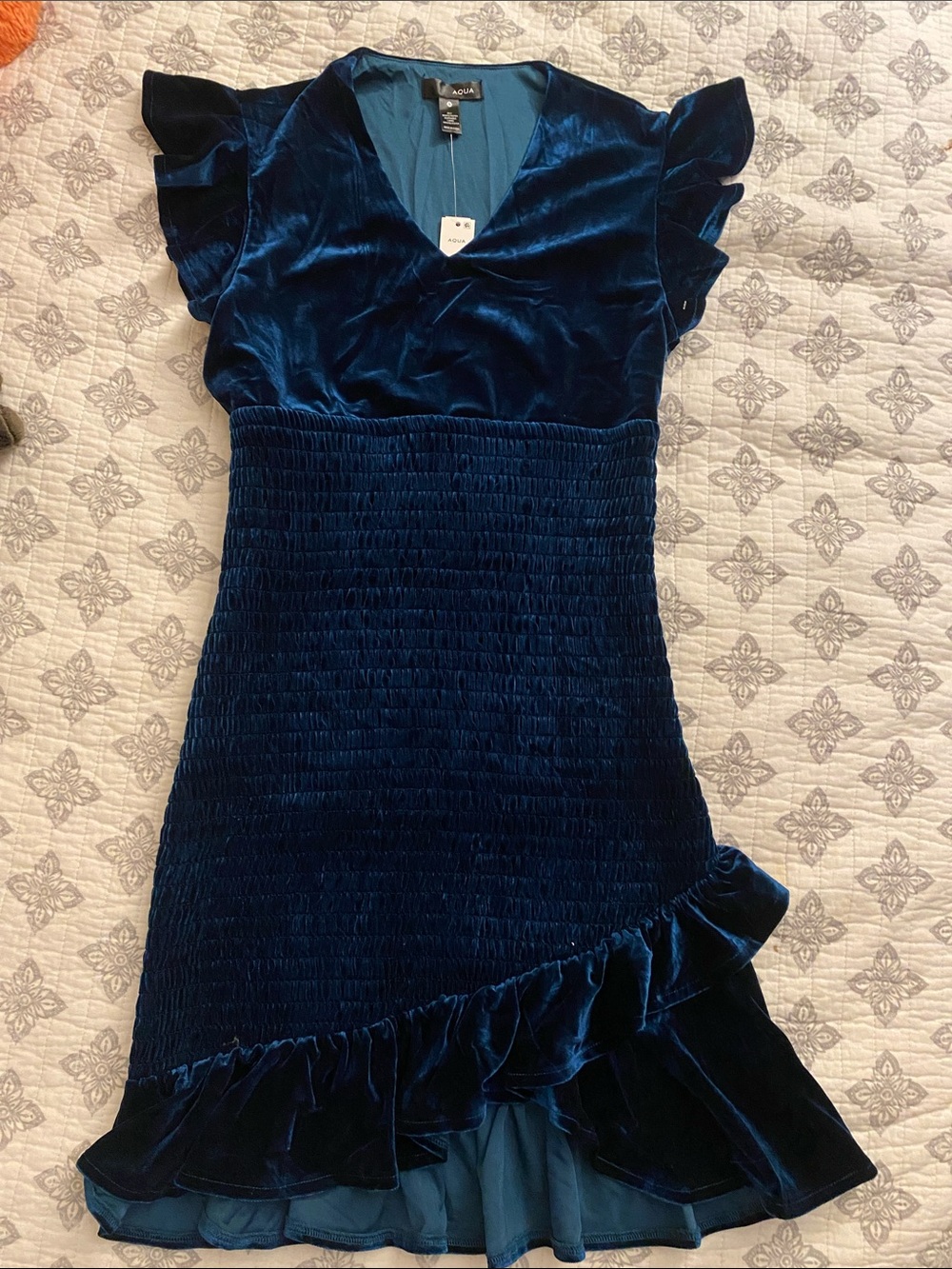 Aqua Velvet Ruffle Mini Dress in Deep Blue